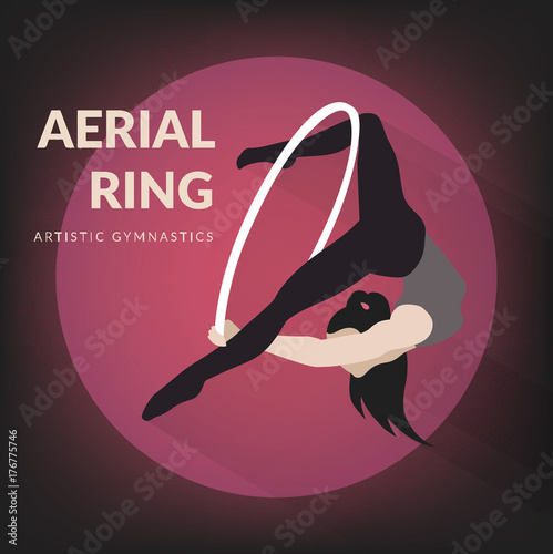 Woman gymnast aerial ring. Aerial hoop. Beautiful dance sport and fitness logo.