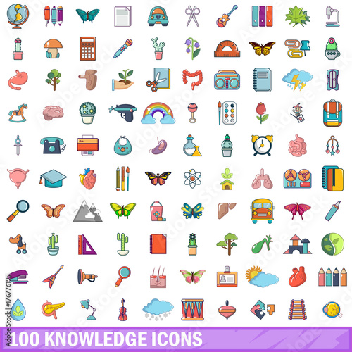 100 knowledge icons set, cartoon style 