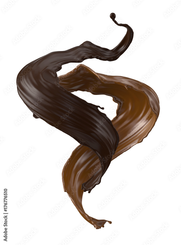 3d render, abstract liquid, milk and dark chocolate, butter, splash, twisted wavy jets