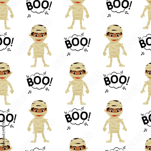 Abstract seamless pattern for girls or boys. Creative vector background with egyptian mummy, halloween. Funny wallpaper for textile and fabric. Fashion style. Colorful bright picture for children