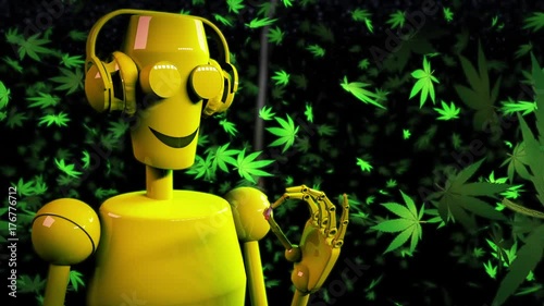 robot dance listening headphones smoke djoint marihuana. 3d animation.