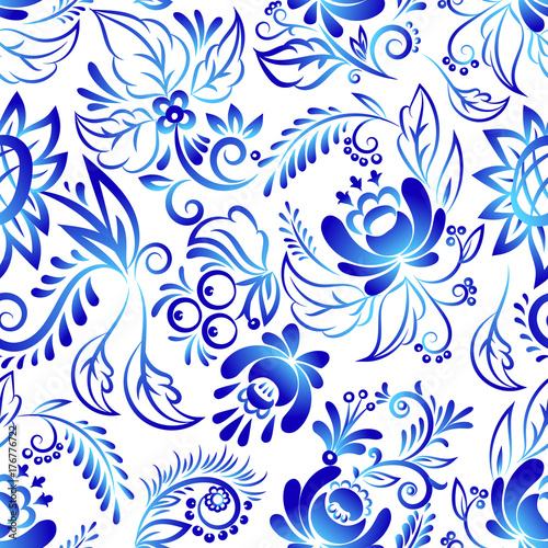 Russian ornaments art style gzhel blue flower traditional folk bloom branch seamless pattern background vector illustration.