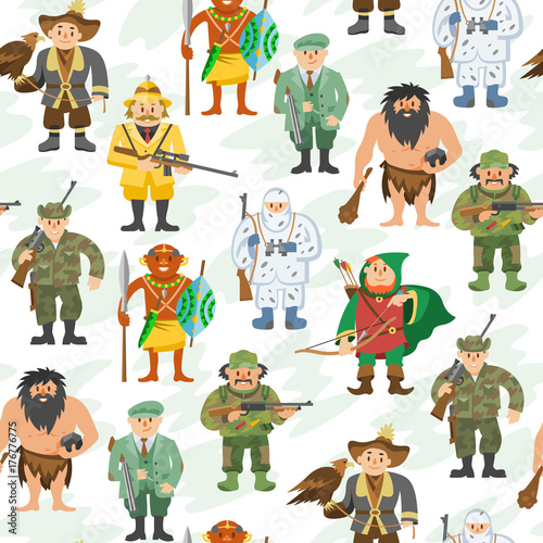Hunters vector illustration cartoon style different gear huntsman characters aiming man people seamless pattern background