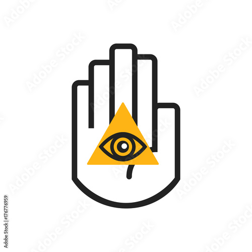 Isolated black line hand symbol holding orange triangel seeing eye sign icon on white background