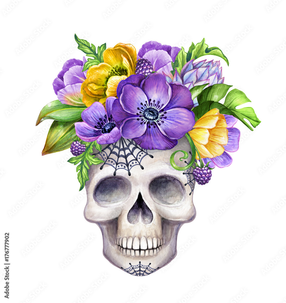 Obraz premium watercolor illustration, human skull decorated with tropical flowers, Halloween character, holiday clip art isolated on white background