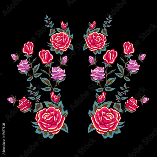 Embroidery traditional neckline pattern with red roses. Vector embroidered floral patch  with flowers for clothing design.