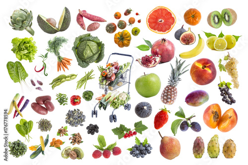 Fototapeta Naklejka Na Ścianę i Meble -  concept ofConcept of healthy food, Various Fruits and vegetables to eat five a day on withte with a fukk grocery shopping cart middle