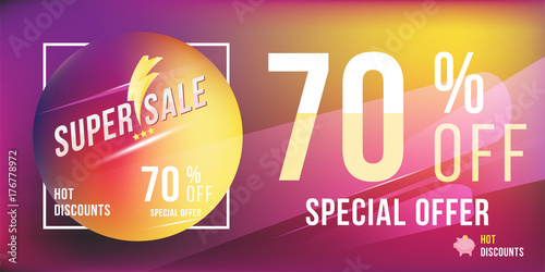 Special offer 70% discount in bright rectangular poster format and flyer. Super sale template for print and web advertising banner on hot background. Flat vector illustration EPS 10.