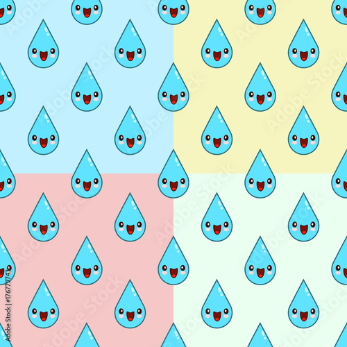 Cute Cartoon water drop characters Seamless Pattern on color background. Flat design Vector Illustration EPS set