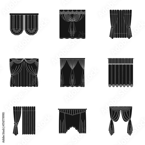 Textiles, curtains, drapes, and other web icon in black style. Car, hand, furniture icons in set collection.