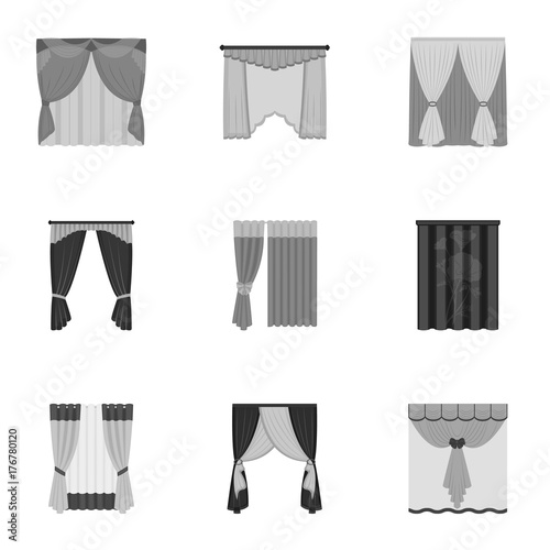 Textiles, curtains, drapes, and other web icon in monochrome style. Car, hand, furniture icons in set collection.