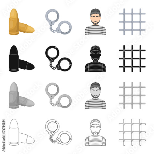 The prison lattice, handcuffs, the appearance of the criminal, cartridges. Prison set collection icons in cartoon black monochrome outline style vector symbol stock isometric illustration web.