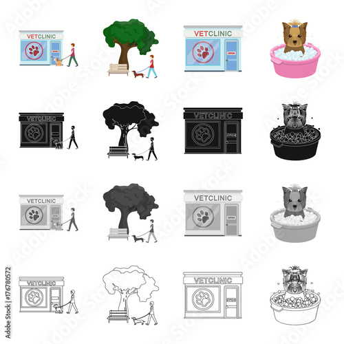 Veterinary clinic, building, and other web icon in cartoon style. Washing, hygiene, hound, icons in set collection.