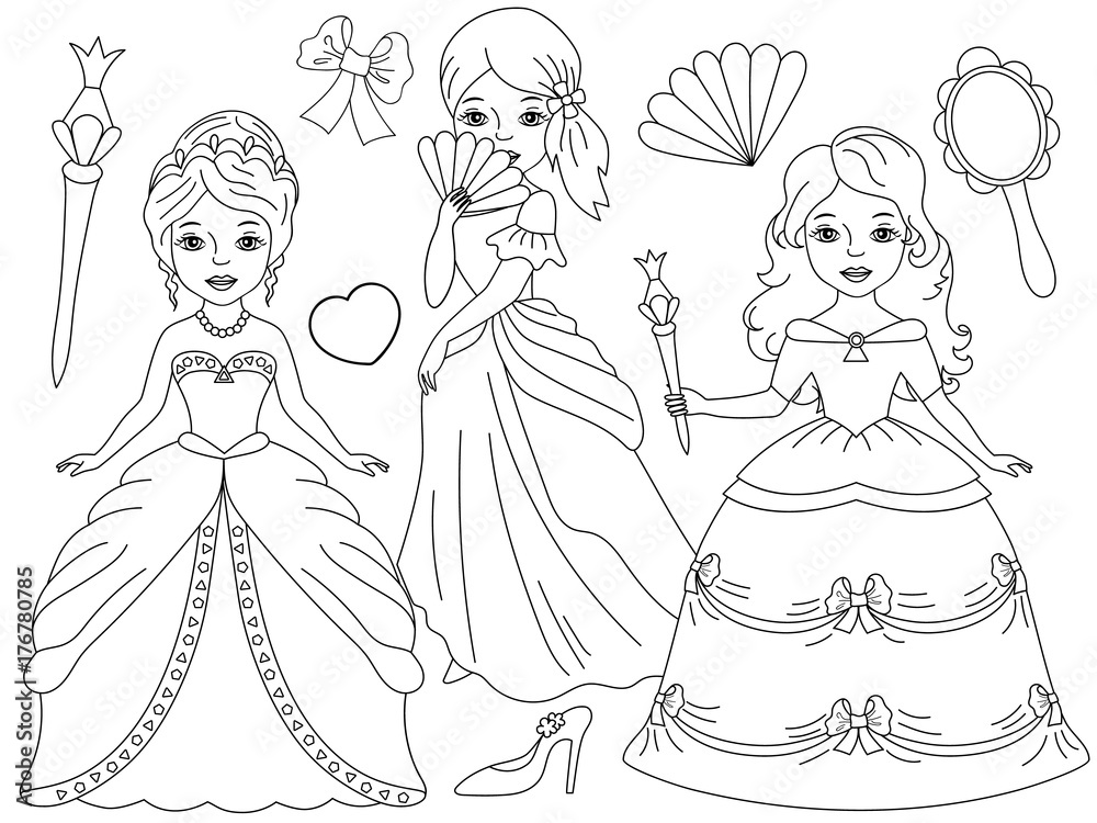 Vector Black and White Set with Beautiful Princesses Vector Black and White Set with Beautiful Princesses
