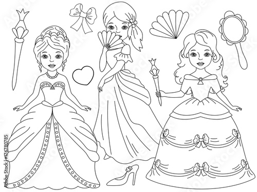 Vector Black and White Set with Beautiful Princesses