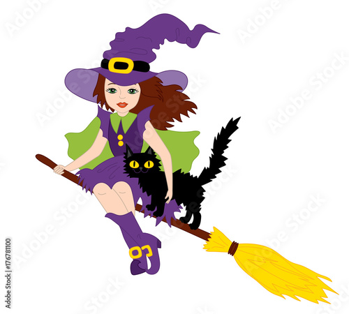 Vector Halloween Witch with Cat Flying on Broomstick