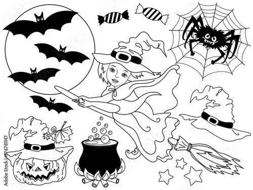 Vector Halloween Set with Witch, Moon, Spider, Pumpkin and Bats