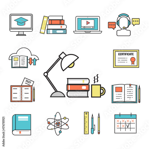 Flat design icons online education staff training book store distant learning knowledge vector illustration photo