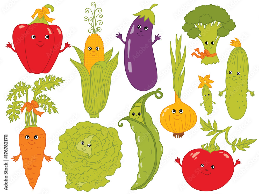 Vector Cartoon Vegetables with Smiley Faces Stock Vector | Adobe Stock