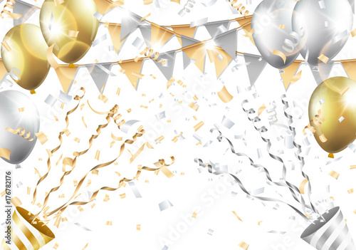 Gold and silver balloons, confetti, flag and party popper on white background. Vector illustration.