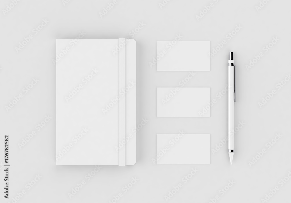 White stationery mock-up template for branding identity on gray background for graphic designers presentations and portfolios. 3D rendering. White stationery mock-up template for branding identity on gray background for graphic designers presentations and portfolios. 3D rendering.