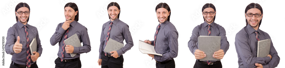 Young businessman with paper isolated on white Young businessman with paper isolated on white