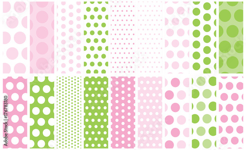 Pink and green polka dot pattern set. Go polka dot crazy with a collection of dots from mini to jumbo for digital paper, backgrounds, gift wrap, fabric, scrapbooking and more.