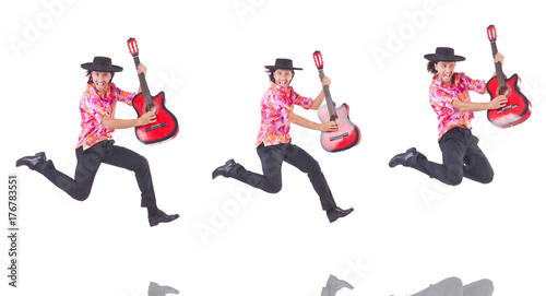 Man with guitar isolated on white