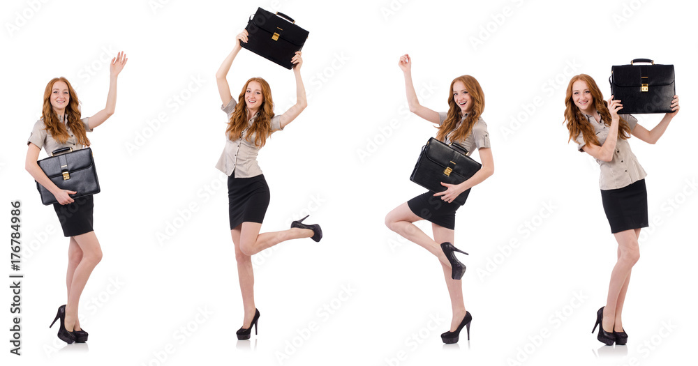 Pretty young employee with briefcase isolated on white Pretty young employee with briefcase isolated on white
