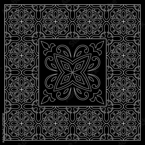 Black and White bandana print with tiling pattern maroccan style.Square pattern design for pillow, carpet, rug. Design for silk neck scarf, kerchief, hanky photo