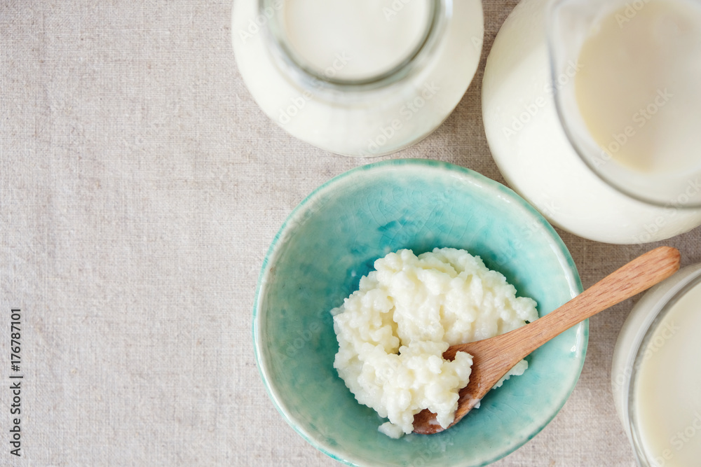 Organic probiotic milk kefir grains, Tibetan mushrooms and kefir milk in glass containers Organic probiotic milk kefir grains, Tibetan mushrooms and kefir milk in glass containers