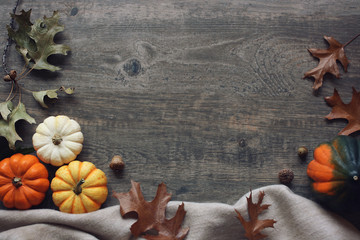 Thanksgiving season still life with colorful small pumpkins, acorn squash, soft blanket and fall leaves over rustic wooden background