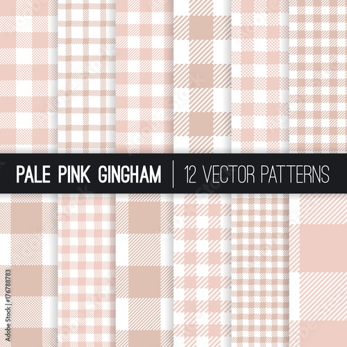 Pale Pink Gingham and Buffalo Check Plaid Vector Patterns. Modern Pixel Gingham Prints of Different Styles. Picnic Tablecloth Background. Vector Pattern Tile Swatches Included.