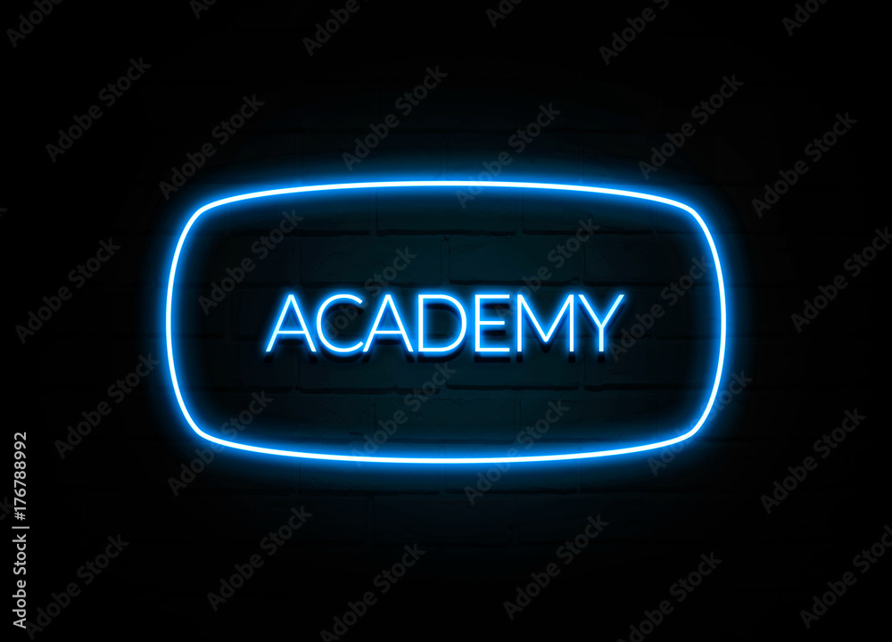 Academy - colorful Neon Sign on brickwall Academy - colorful Neon Sign on brickwall