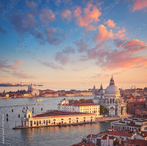 Bird view of Venice lagoon Basilica Santa Maria della Salute at sunset
