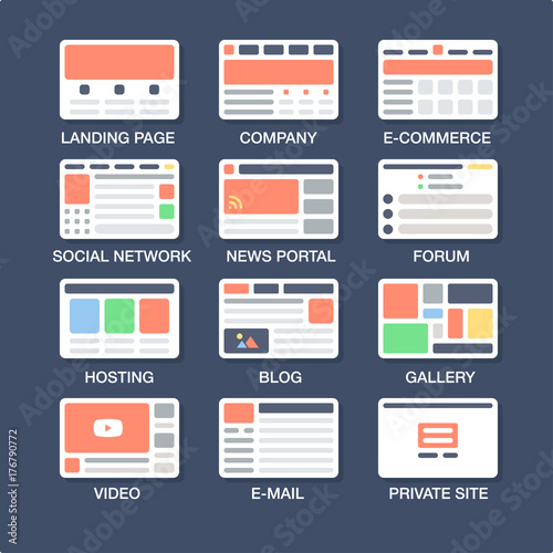 Vector set of simple flat website templates icons. 12 types of sites. Landing page, company site, e-commerce store, forum, social network, gallery, hosting, blog, news portal.