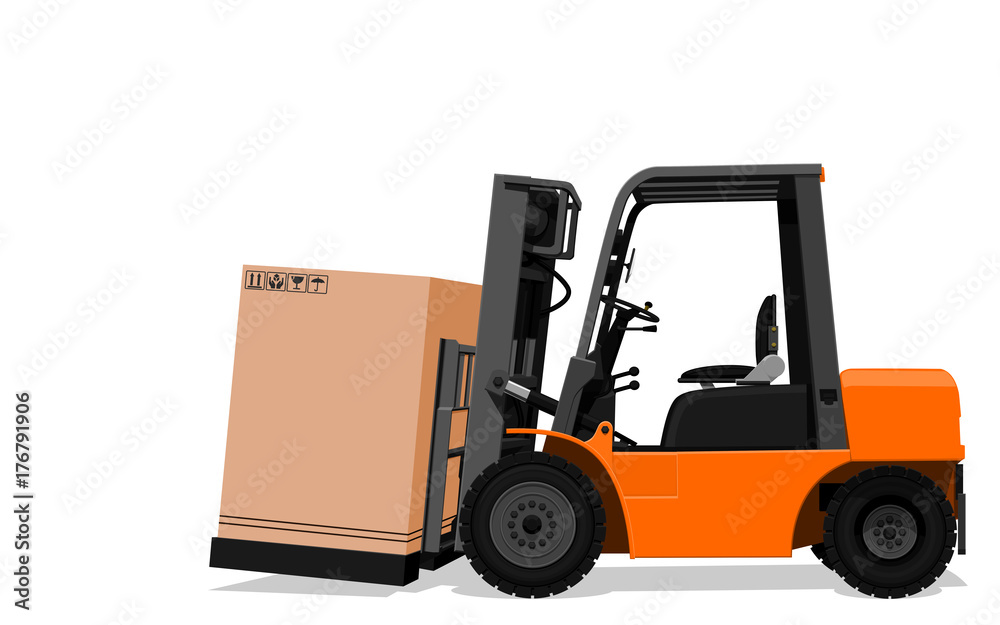 Isolate forklift truck with paper box on transparent background
