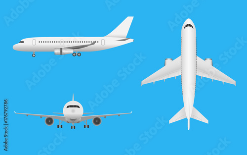 Plane vector. Airplane in all point of view. Airliner in front side and top on blue background