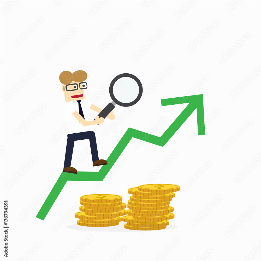 Young happy Business man on graph growth from money coin with icon of business and creativity. Business investment growth concept. start up - vector illustration Young happy Business man on graph growth from money coin with icon of business and creativity. Business investment growth concept. start up - vector illustration