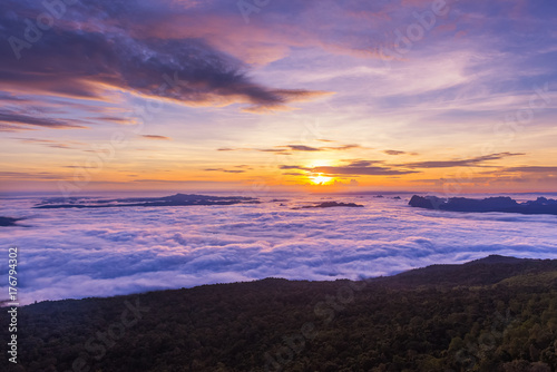 Sunrise and Sea of fog at pah nok ann at Phu Kradueng National Park , Loei Thailand
