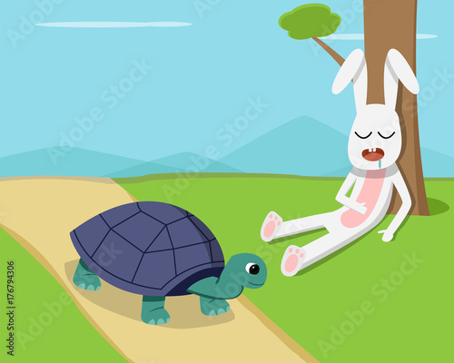 Rabbit sleep under tree while tortoise run on road