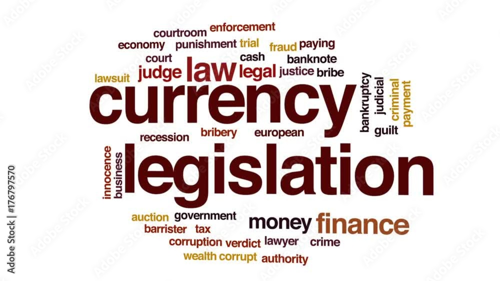 Currency legislation animated word cloud, text design animation. Currency legislation animated word cloud, text design animation.
