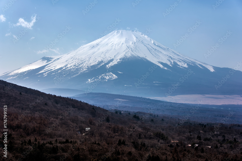 View of Mt. Fuji  at lake Yamanaka -Ko , Japan. Close up .