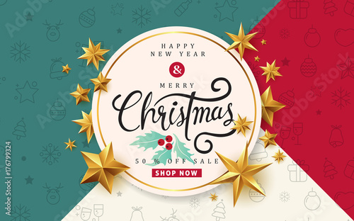 Merry christmas calligraphic text with golden star background.Vector illustration template.greeting cards.