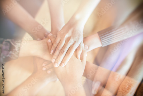 Double exposure of Team Teamwork Join Hands Partnership Concept .
