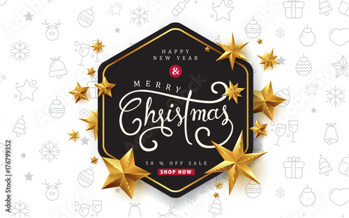 Merry christmas calligraphic text with golden star background.Vector illustration template.greeting cards.