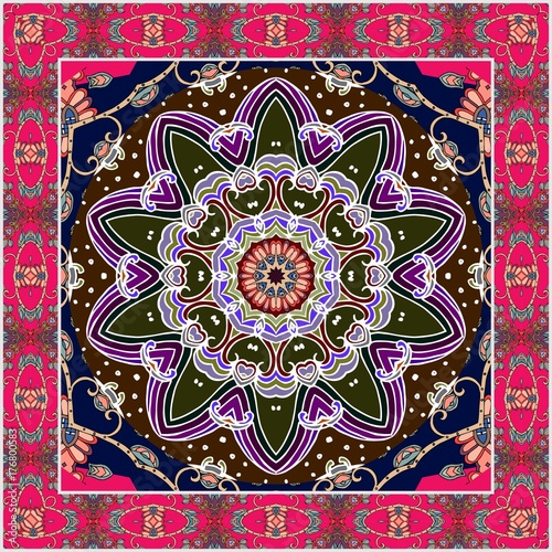 Ethnic square carpet with flower mandala and ornamental frame. Bright vector image. Greeting card, shawl in indian style.
