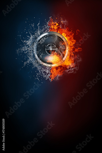 Speaker dj party poster template. High resolution HR poster size 24x36 inches  31x91 cm  300 dpi  vertical design  copy space. Speaker exploding by elements fire and water.