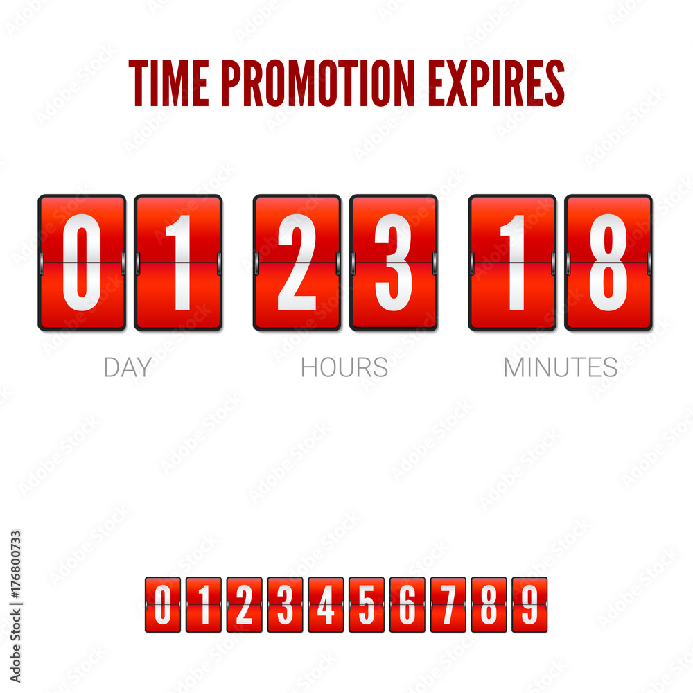 Promotions expires, analog flip clock timer. Template of flip countdown  timer, clock counter. Red countdown clock isolated on white background. Set  of numbers for timer, 3D illustration. Stock Vector | Adobe Stock