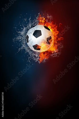 Soccer sports tournament modern poster template. High resolution HR poster size 24x36 inches, 31x91 cm, 300 dpi, vertical design, copy space. Soccer ball exploding by elements fire and water.
